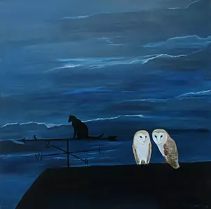 Robert Harris - A Pair of Barn Owls on a Thatched Roof