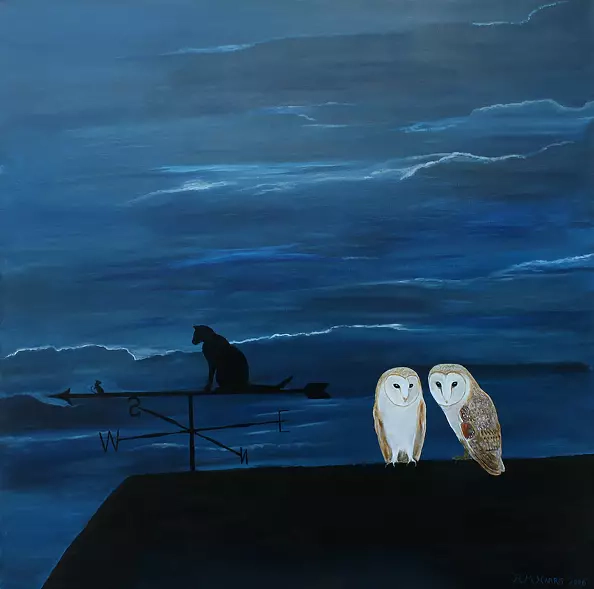 Robert Harris - A pair of Barn Owls on a Thatched Roof