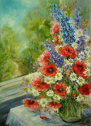 Maria Roszkowska - Bouquet in front of a window