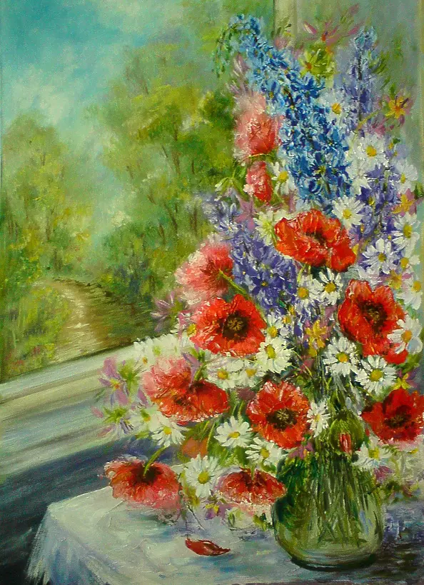 Maria Roszkowska - Bouquet in front of a window