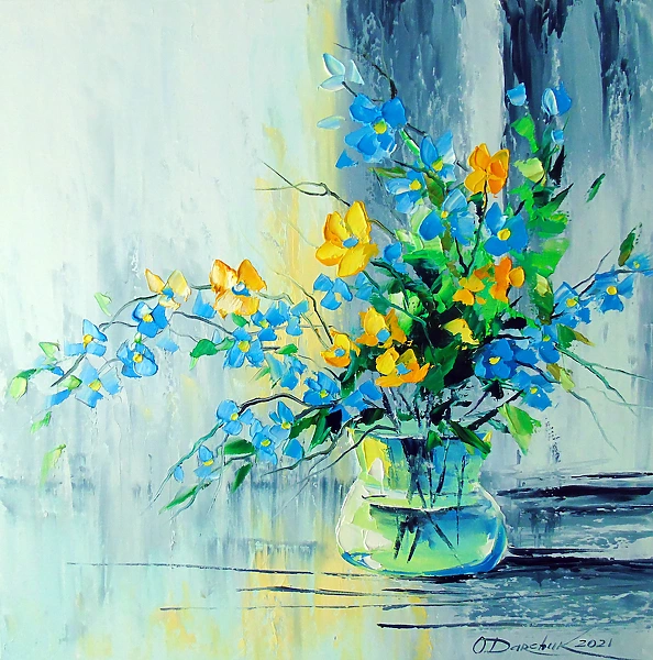 Olha Darchuk - A bouquet of yellow-blue flowers in a vase