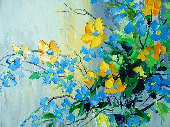 Olha Darchuk - A bouquet of yellow-blue flowers in a vase
