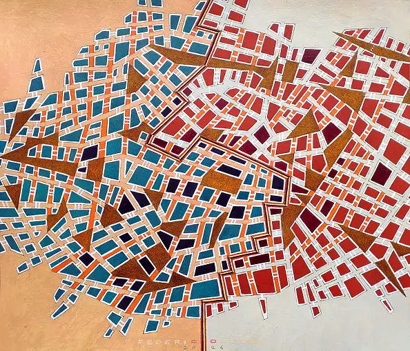federico cortese, A city divided, Obraz olejny - papier, 35 x 30