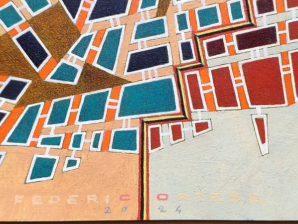federico cortese, A city divided, Obraz olejny - papier, 35 x 30