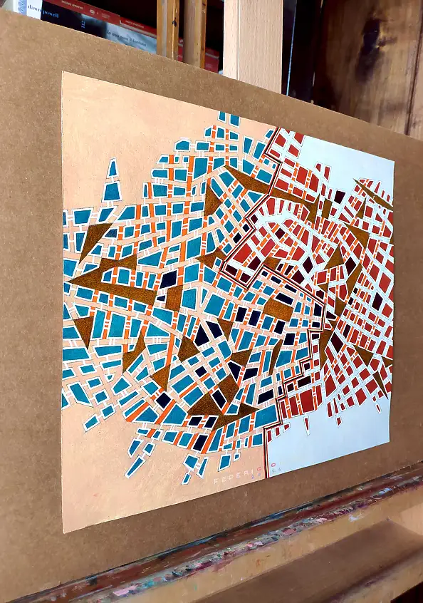 federico cortese, A city divided, Obraz olejny - papier, 35 x 30