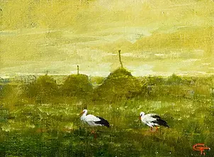 Tadeusz Gazda - Small landscape with storks