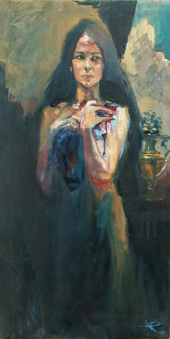 Alex Preti - Portrait in front of a fireplace