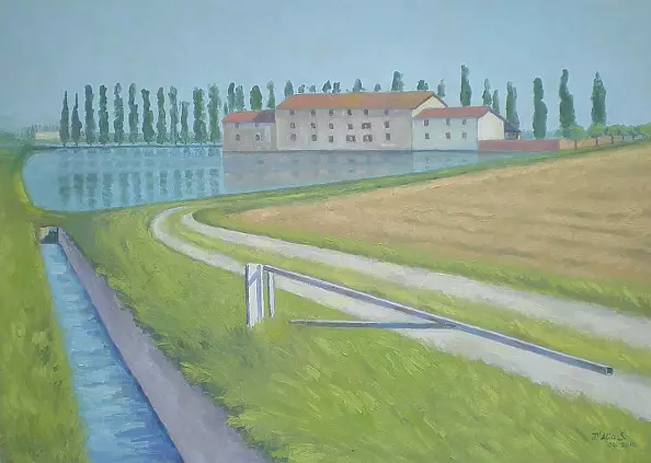 Sebastiano D`alia - Wieś z okolic Novary z polem ryżowym i wiejskim domem