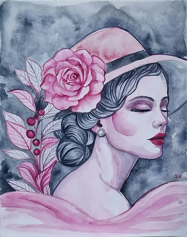 Danuta Kolis - Watercolor - Lady in a Pink Hat