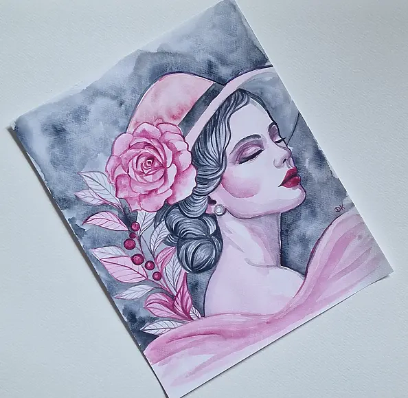 Danuta Kolis - Watercolor - Lady in a Pink Hat