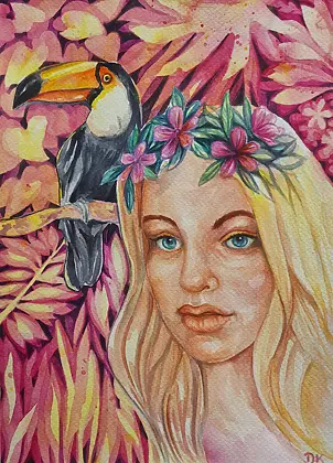 Danuta Kolis - Watercolor - Girl and Toucan