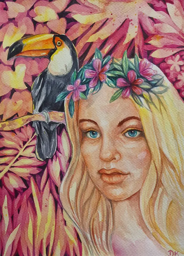 Danuta Kolis - Watercolor - Girl and Toucan