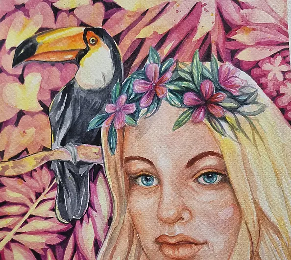 Danuta Kolis - Watercolor - Girl and Toucan