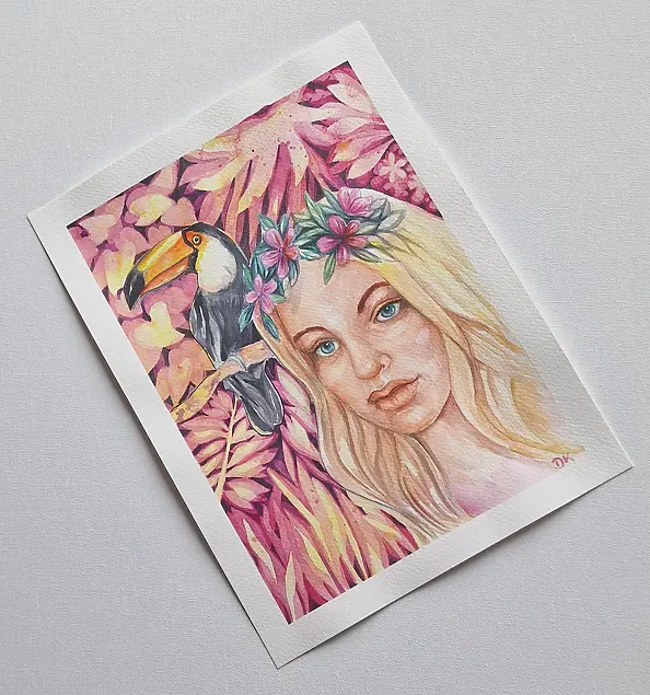 Danuta Kolis - Watercolor - Girl and Toucan