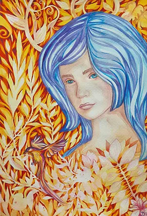 Danuta Kolis - Watercolor - Girl in Gold Leaves