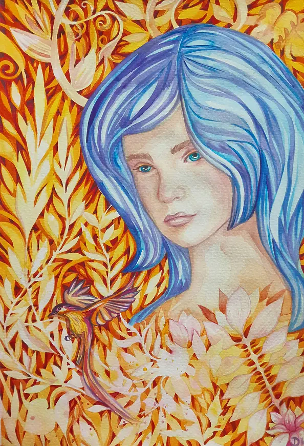 Danuta Kolis - Watercolor - Girl in Gold Leaves