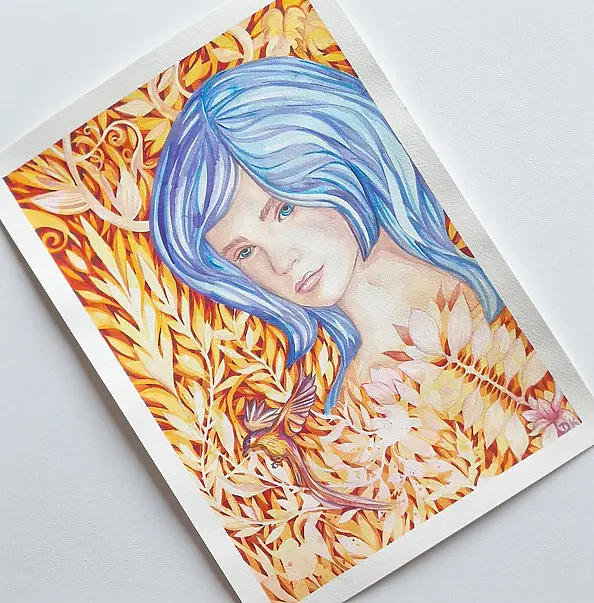 Danuta Kolis - Watercolor - Girl in Gold Leaves