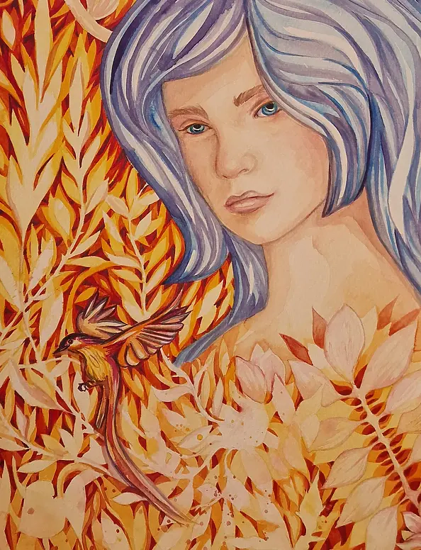 Danuta Kolis - Watercolor - Girl in Gold Leaves