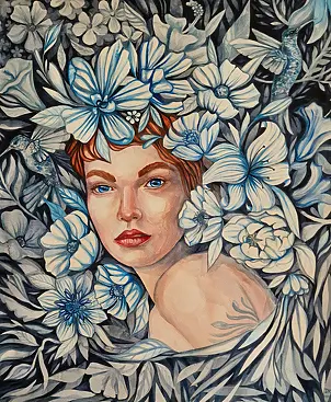 Danuta Kolis - Watercolor - Surrounded by white flowers