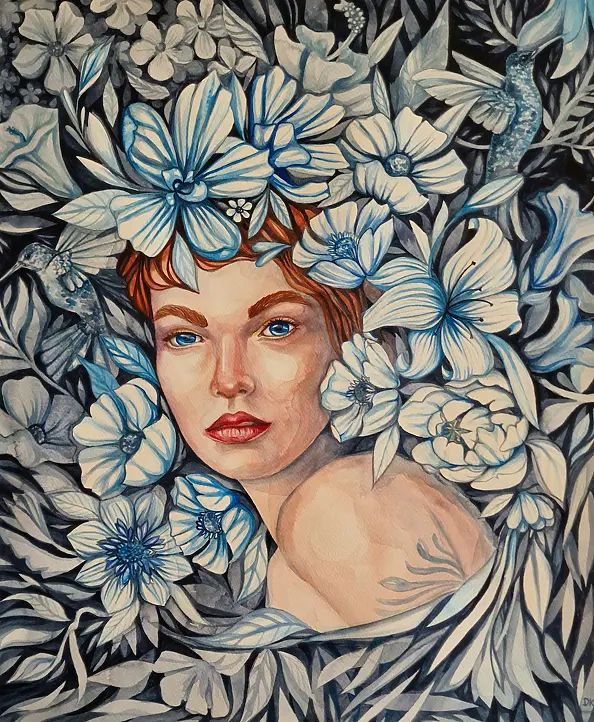 Danuta Kolis - Watercolor - Surrounded by white flowers