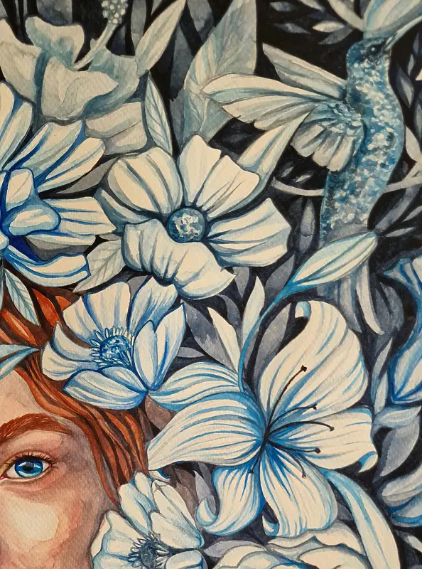 Danuta Kolis - Watercolor - Surrounded by white flowers