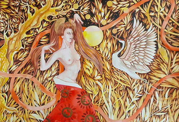 Danuta Kolis - Watercolor - Crane Dance in the Moonlight