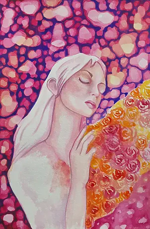 Danuta Kolis - Watercolor - In the Embrace of Roses and Dreams