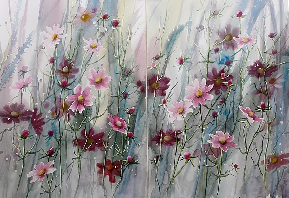Lidia Olbrycht - Watercolor diptych "Cosmos flowers"