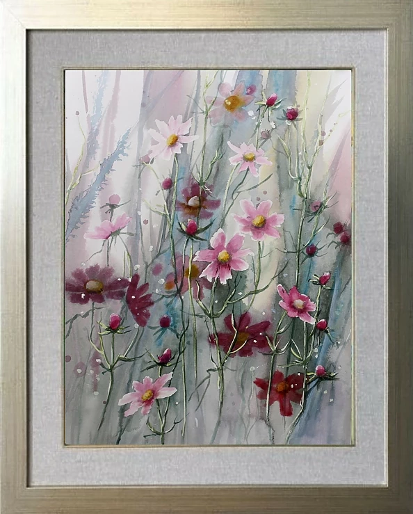 Lidia Olbrycht - Watercolor diptych "Cosmos flowers"