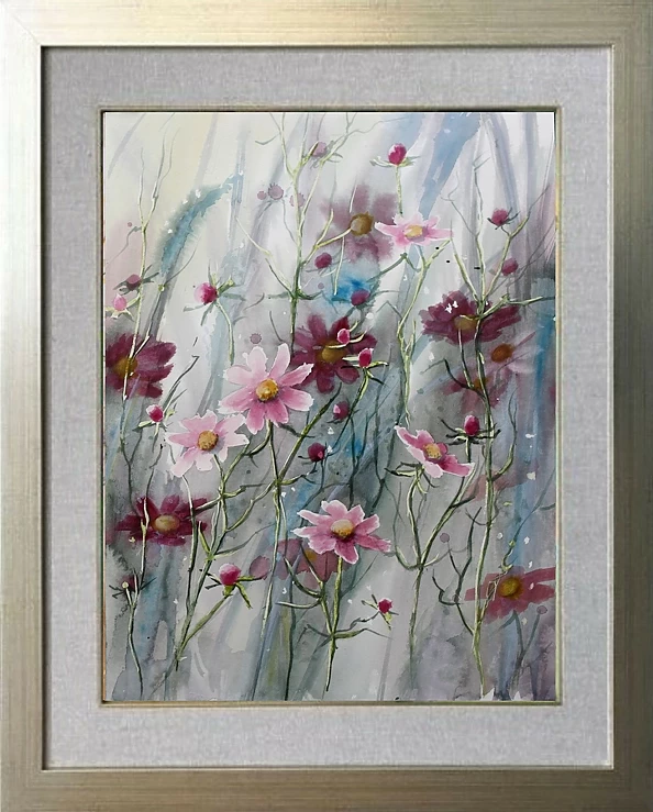 Lidia Olbrycht - Watercolor diptych "Cosmos flowers"
