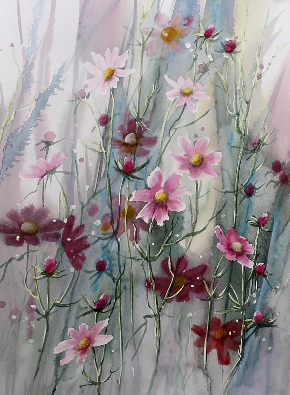 Lidia Olbrycht - Watercolor diptych "Cosmos flowers"