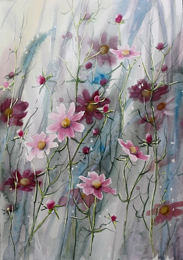 Lidia Olbrycht - Watercolor diptych "Cosmos flowers"