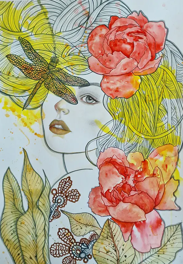 Danuta Kolis - Watercolor, mixed media - Dragonfly