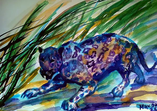 Marzena Salwowska, Alert RCB: Przyczajony jaguar widziany w Polsce w okolicach Torunia technika: tusze akrylowe i ak, Akwarele, Tusz - papier, 42 x 30