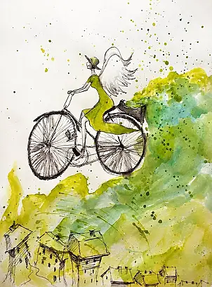 Adriana Laube, "Anioł na rowerze", Akwarele, Inne - papier, 30 x 42