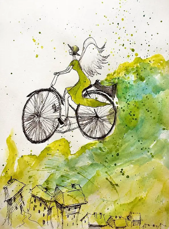 Adriana Laube, "Anioł na rowerze", Akwarele, Inne - papier, 30 x 42