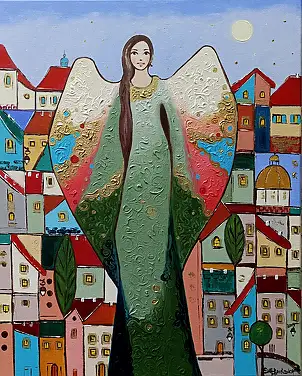 Ewa Boińska, Anioł w miasteczku, Obraz akrylowy - płótno, 40 x 50