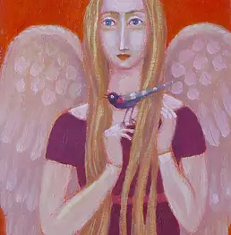Dorota Wysocka Rzeszutek, Ангел с птицей, Масляная картина - плита, 20 x 30