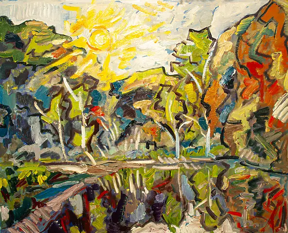 Marcin Stępniowski, Australia, landscape with the sun and rocks, Oil painting - panel, 100 x 70
