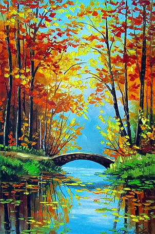Olha Darchuk - Autumn Pond with Bridge