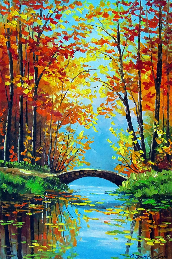Olha Darchuk - Autumn Pond with Bridge