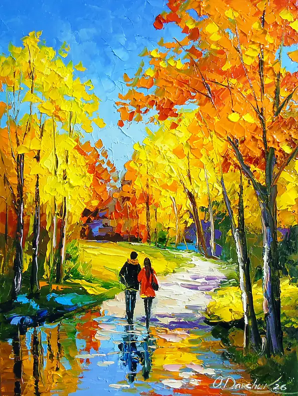 Olha Darchuk, Autumn Stroll in a Vibrant Forest, Oil painting - canvas, 30 x 40