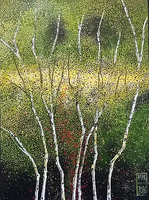 Dariusz Franciszek Różyc, ''BEHIND THE BIRCHES'' cykl ''Brzozy'', Obraz akrylowy - płótno, 29 x 40