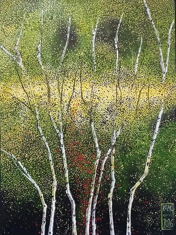 Dariusz Franciszek Różyc, ''BEHIND THE BIRCHES'' cykl ''Brzozy'', Obraz akrylowy - płótno, 29 x 40
