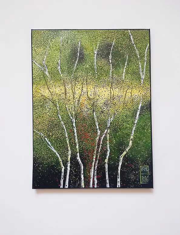 Dariusz Franciszek Różyc, ''BEHIND THE BIRCHES'' cykl ''Brzozy'', Obraz akrylowy - płótno, 29 x 40
