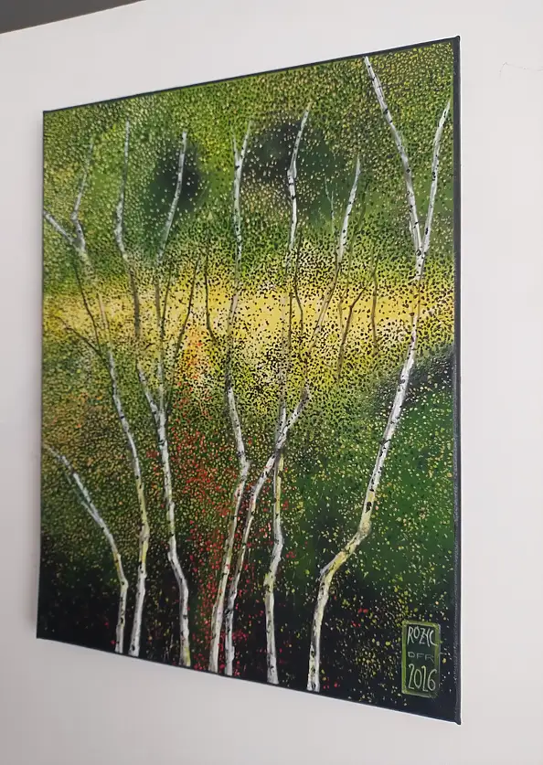 Dariusz Franciszek Różyc, ''BEHIND THE BIRCHES'' cykl ''Brzozy'', Obraz akrylowy - płótno, 29 x 40