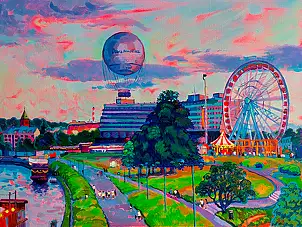 Anastasiia Kurkova, Balon nad miastem, Obraz olejny - płótno, 80 x 60