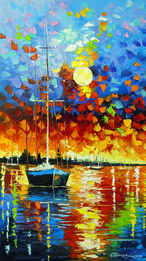 Olha Darchuk - Bay Harmony: Sunset and Sailboats
