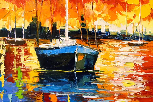 Olha Darchuk - Bay Harmony: Sunset and Sailboats
