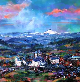 Bernadeta Nowak, Die Basilika in Krzeszów mit der Schneekoppe im Hintergrund, Acrylgemälde - Leinwand, 70 x 50